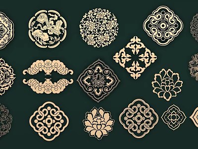 Intricate Traditional Carved Patterns With Gold Ornate Designs On Dark Green Background 3d model