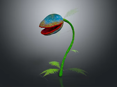 Colorful Flower Plant with Blue Red Petals Green Stem and Fern Leaves on Dark Background 3d model