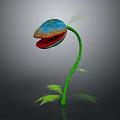 Colorful Flower Plant with Blue Red Petals Green Stem and Fern Leaves on Dark Background