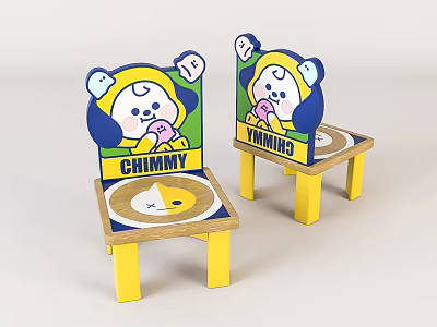 Cute Cartoon Children's Chairs With Chimmy Bear Design Yellow Legs And Wooden Seat 3d model
