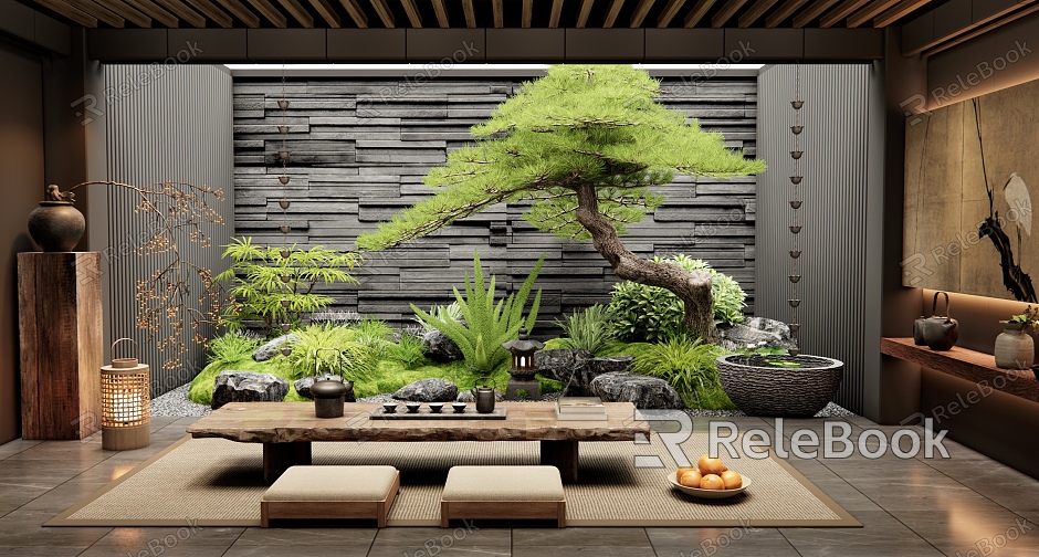 New Chinese Style Tea Room Interior Landscape Landscaping Patio Landscape Courtyard Sketches Pine Tree Landscape Stone Plant Combination Flowers and Plants Water Bowl Rain Chain model