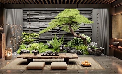 New Chinese Style Tea Room Interior Landscape Landscaping Patio Landscape Courtyard Sketches Pine Tree Landscape Stone Plant Combination Flowers and Plants Water Bowl Rain Chain 3d model