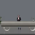Modern Reception Desk With Receptionist Standing Behind Green Plant And Decorative Vase On Sleek Surface