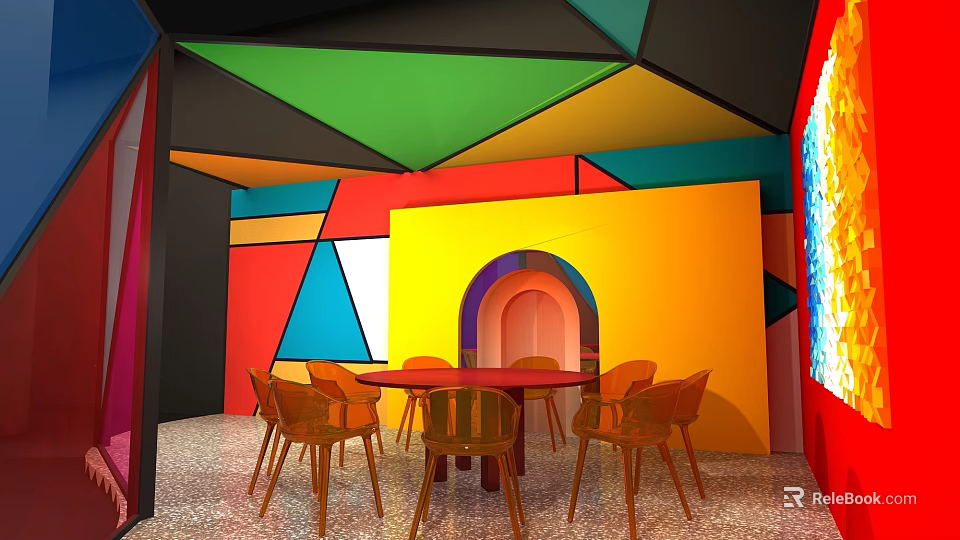Vibrant Interior With Colorful Geometric Walls Ceiling Red Round Table Orange Chairs And Arched Doorway 3d model 