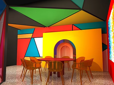Vibrant Interior With Colorful Geometric Walls Ceiling Red Round Table Orange Chairs And Arched Doorway 3d model