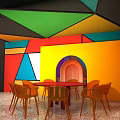 Vibrant Interior With Colorful Geometric Walls Ceiling Red Round Table Orange Chairs And Arched Doorway