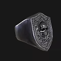 Silver Shield Shaped Ring with Intricate Skull Pattern and Ornate Decorative Details 3d model