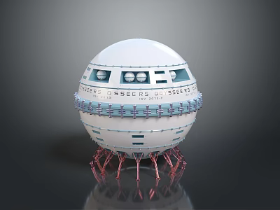 Futuristic Spherical Sci Fi Space Station With White Modules And Red Support Legs 3d model