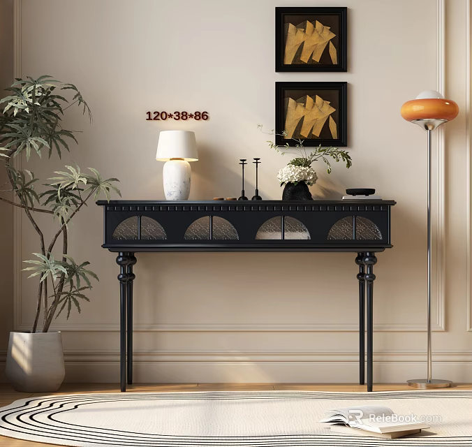 Elegant Black Console Table With Table Lamp Candle Holders Flowers Green Plant And Wall Art 3d model 