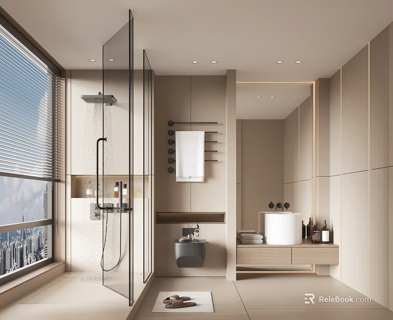 Modern Bathroom Interior Design With Glass Shower Vanity And Large Mirror 3d model 