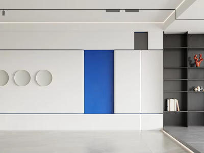Modern Background Wall Design With White Blue Panel Circular Decorations Black Shelves Books Red Ornaments 3d model