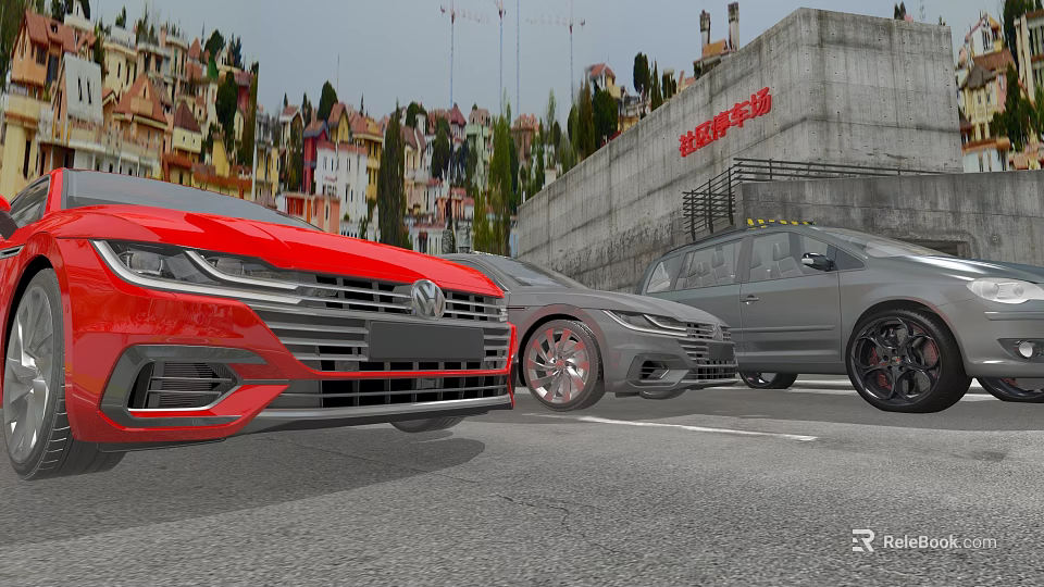 Red Volkswagen Sedan And Gray SUV Parked On Urban Road With Buildings 3d model 