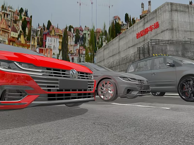Red Volkswagen Sedan And Gray SUV Parked On Urban Road With Buildings 3d model