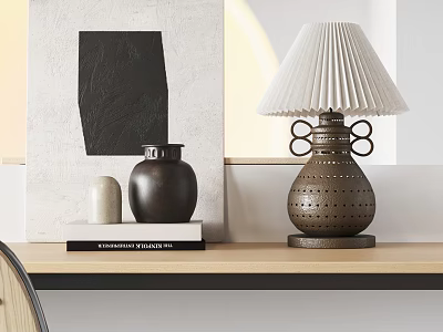 Pleated Shade Bronze Table Lamp With Perforated Base On Shelf With Vase Books And Sculpture 3d model