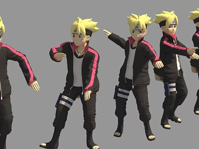 Game Anime Character Blonde Hair Black Jacket Pink Stripes White Inner Black Pants Different Poses 3d model