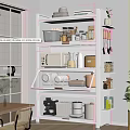 Modern Kitchen Shelf Unit With Microwave Blender Storage Jars And Open Cabinet Doors