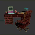 Wooden Office Desk With Vintage Computer Green Lamp Red Chair And Drawers