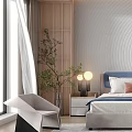 Modern Bedroom Interior Design With Blue Headboard Wooden Grid Art And Pendant Lighting