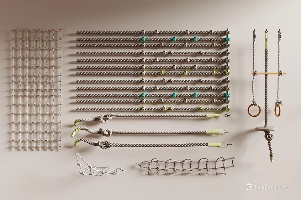 Display Of Ropes Nets With Various Knots And Gym Gear 3d model 