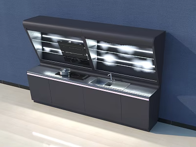 Modern Black Kitchen Cabinets With Open Shelves And Built In Lighting 3d model