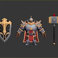 Armored Man Character Standing With Decorative Shield And War Hammer