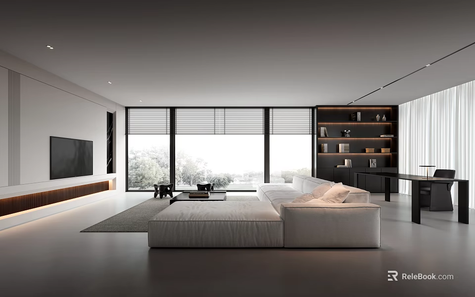 Modern Living Room Interior Design With White Sofa Large Windows TV Wall And Bookshelves 3d model 