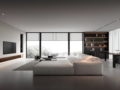 Modern Living Room Interior Design With White Sofa Large Windows TV Wall And Bookshelves 3d model