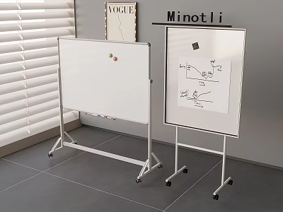 Two Mobile Whiteboards With Wheels Near Window Blinds And VOGUE Magazine 3d model