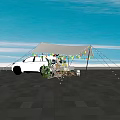 White Camping Tent With Colorful Pennant Flags Near Car And Beach Setup