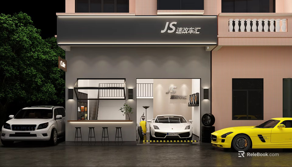 JS Car Dealership Showroom With White Car Yellow Sports Car And Bar Counter 3d model 