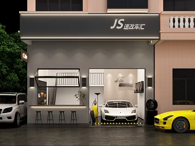 JS Car Dealership Showroom With White Car Yellow Sports Car And Bar Counter 3d model