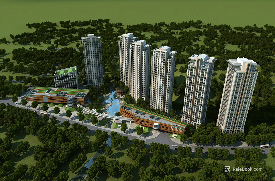 Aerial Planning of Modern Urban Residential Area With High Rise Buildings Green Spaces and Water Features 3d model 
