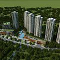 Aerial Planning of Modern Urban Residential Area With High Rise Buildings Green Spaces and Water Features
