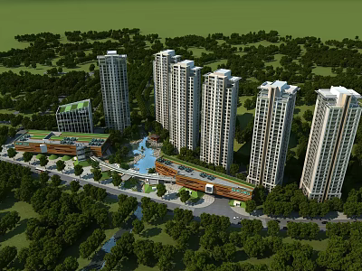 Aerial Planning of Modern Urban Residential Area With High Rise Buildings Green Spaces and Water Features 3d model