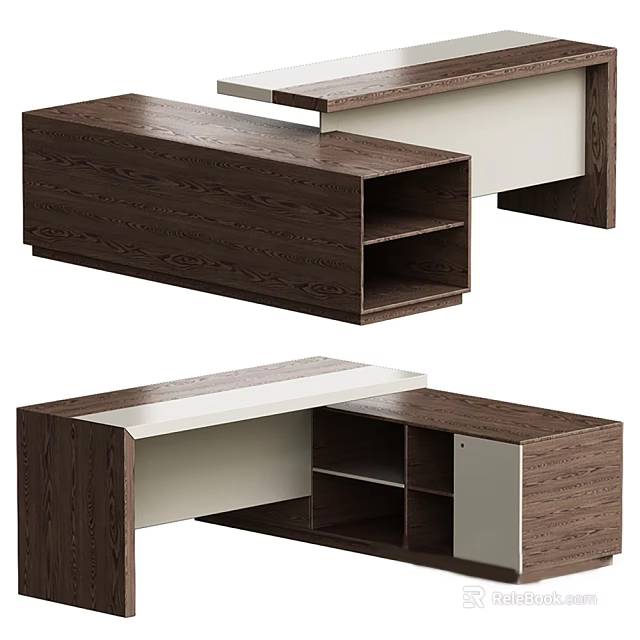 Modern Wooden Office Desk With Open Storage Compartments And White Panel 3d model 