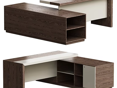 Modern Wooden Office Desk With Open Storage Compartments And White Panel 3d model