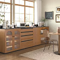 Wooden Sideboard With Glass Doors And Kitchen Appliances In Bright Modern Dining Space