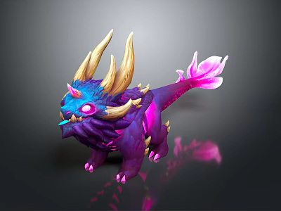 Vibrant Fantasy Game Movie Character With Purple Body Golden Horns Pink Tail And Glowing Eyes 3d model