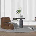 Brown Single Sofa With Round Side Table Plant Magazines On Rug And Textured Wall Background