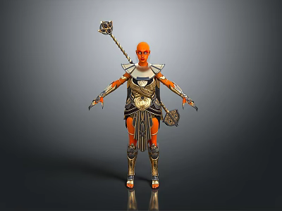 Orange Skinned Humanoid Warrior Character In Golden Decorated Armor Holding Staff And Clawed Hands 3d model