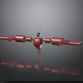 Red Mechanical Structure With Elongated Parts And Central Apple Shape