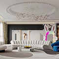 Modern Living and Dining Room With White Sofa Blue Chair And Chandelier
