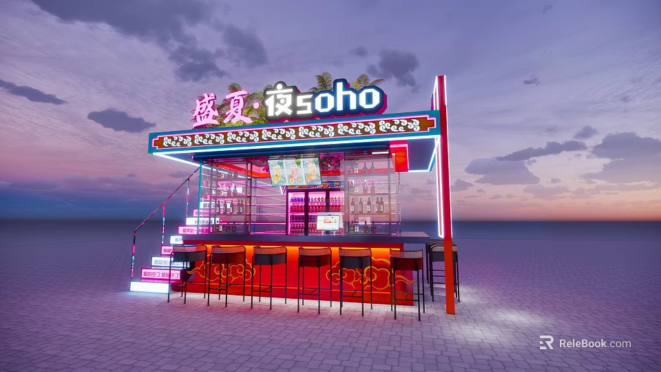 Summer Night Outdoor Bar With Neon Sign Red Stools Bar Counter And Staircase 3d model 