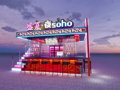 Summer Night Outdoor Bar With Neon Sign Red Stools Bar Counter And Staircase 3d model
