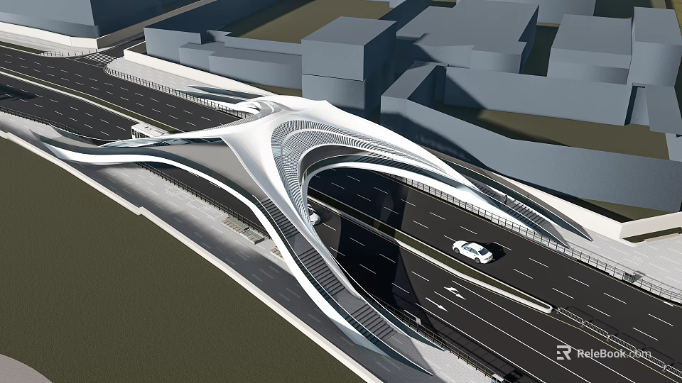 Modern Curved Landscape Bridge Architectural Design Over Urban Road With Vehicles 3d model 