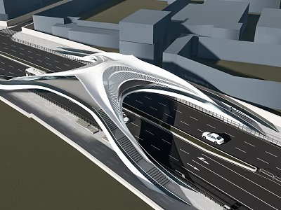 Modern Curved Landscape Bridge Architectural Design Over Urban Road With Vehicles 3d model