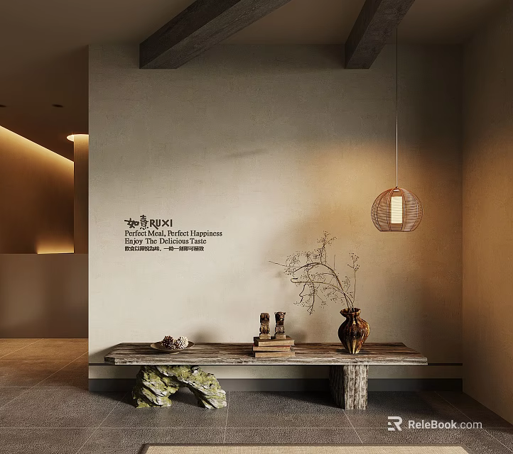 Modern Interior Space With Natural Wall Hanging Woven Lamp And Wooden Bench Decor 3d model 