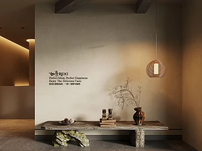 Modern Interior Space With Natural Wall Hanging Woven Lamp And Wooden Bench Decor 3d model