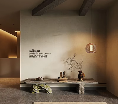 Modern Interior Space With Natural Wall Hanging Woven Lamp And Wooden Bench Decor 3d model