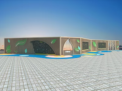 Modern Building Exterior Wall With Green Leaf Decorations And Black Panels 3d model